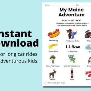 Printable Maine Scavenger Hunt |Tourist Scavenger Hunt for Kids | Maine Adventure | Maine Trip Game, Kids Activity