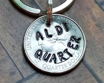 Aldi Viertel, Einkaufswagen Viertel, Münz schlüsselanhänger, handgestempelter Schlüsselring, Kaufladen Schlüsselanhänger, personalisiertes Viertel Schlüsselanhänger