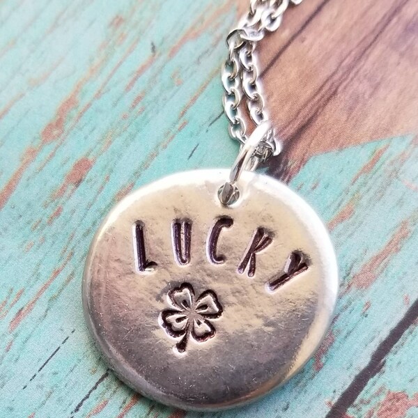 Pewter worry stone handstamped necklace