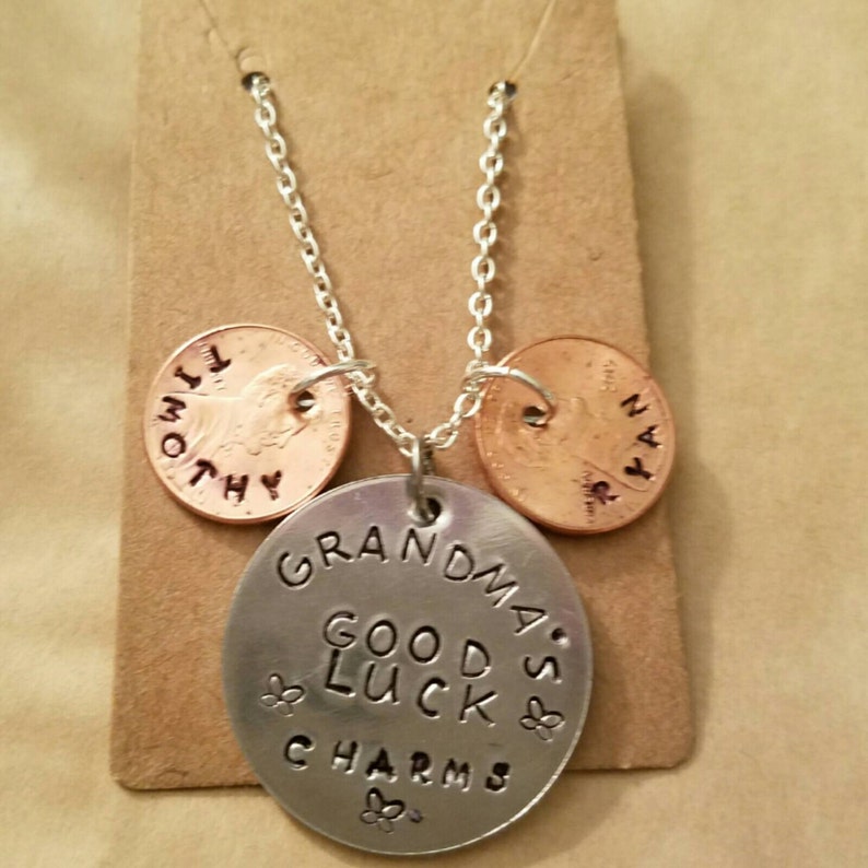 Good Luck Tim Personalized Grandma Necklace: Hand Stamped Penny Charms, Nana Gift - Etsy