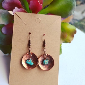 Hammered copper earrings, copper and turquoise earrings, copper penny earrings, wagnerite earrings, gift for her, boho earrings, unique gift