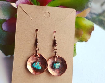 Hammered Copper Penny Earrings: Turquoise Boho Style