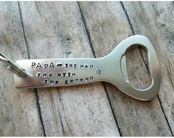 Papa Keychain, Keychain for grandpa, hand stamped keychain, beer gift, stamped bottle opener, gift for grandfather, man myth, beer gift