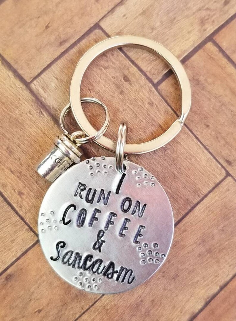 I run on coffee and sarcasm keychain, coffee lover gift, sarcasm gift, co worker gift, funny gift, gift for friend, coffee jewelry image 6
