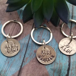 Aldi kwartaal, winkelwagentje kwartaal, munt sleutelhanger, met de hand gestempelde sleutelhanger, supermarkt sleutelhanger, gepersonaliseerde kwart sleutelhanger
