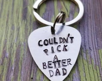 Personalized Dad Guitar Pick Keychain, Hand Stamped Gift