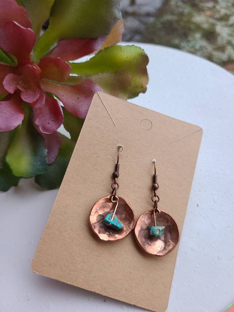 Hammered Copper Earrings Copper and Turquoise Earrings Etsy UK