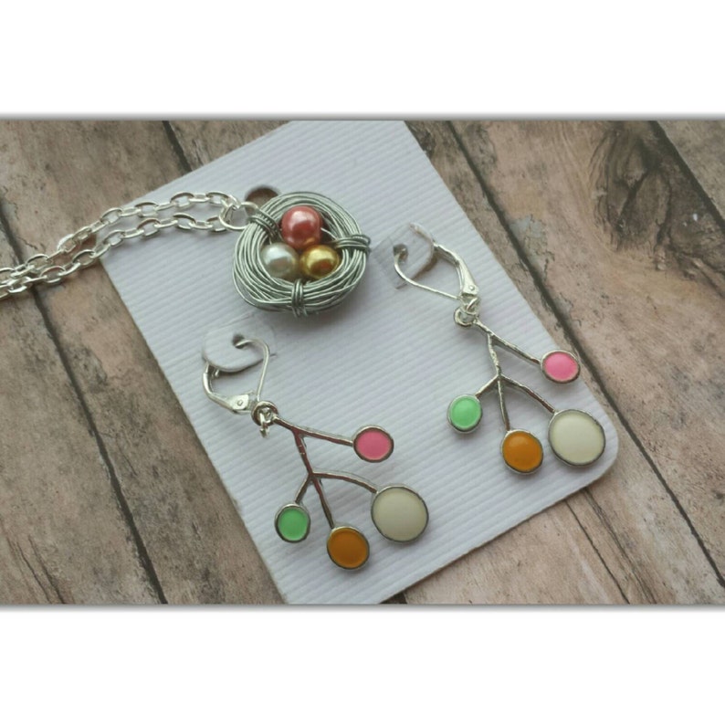 bird nest pendant mother gift branch charm earrings pastel jewelry set Bird nest necklace mom gift birds nest jewelry branch earrings
