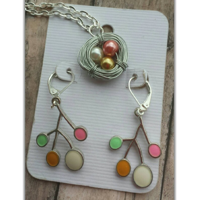 bird nest pendant mother gift branch charm earrings pastel jewelry set Bird nest necklace mom gift birds nest jewelry branch earrings