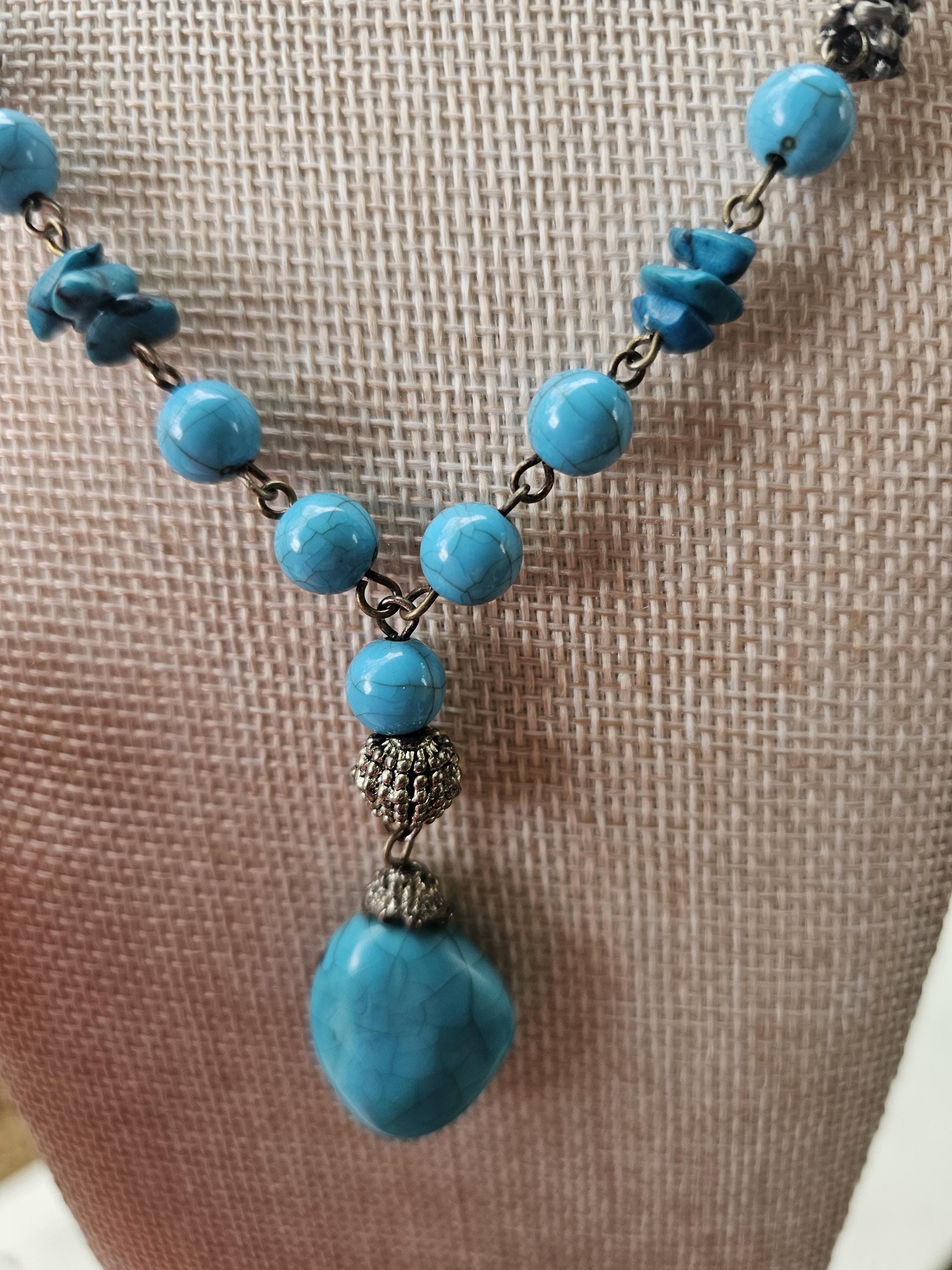 Vintage Turquoise Style Beaded Necklace Boho Statement Drop Pendant Southwestern Style Jewelry