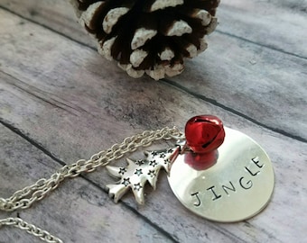 Hand Stamped Christmas Necklace: Jingle Bell Tree Charm, Silver Tone