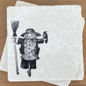 Scarecrow Marble Coasters | scarecrow gift, scarecrow decor, fall decor, fall coasters, Halloween decor, pumpkin decor