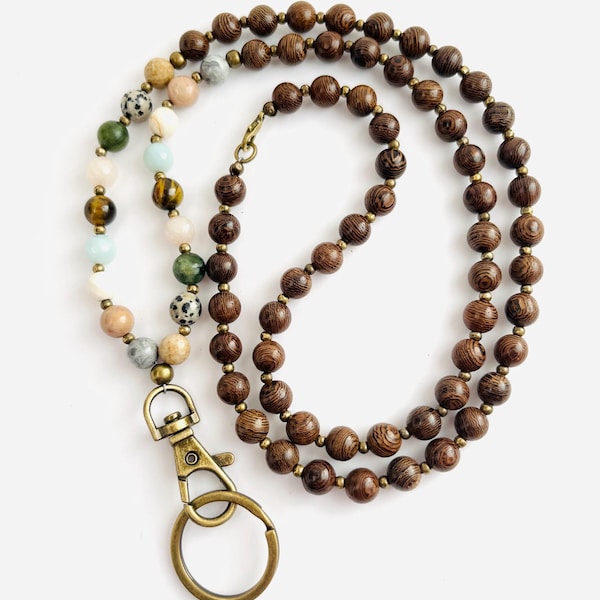Multi Gemstone Lanyard, Lanyard For Teacher, Wood Bead Lanyard, Lightweight Lanyard, Gift For Teacher, Boho Lanyard, ID Badge Necklace