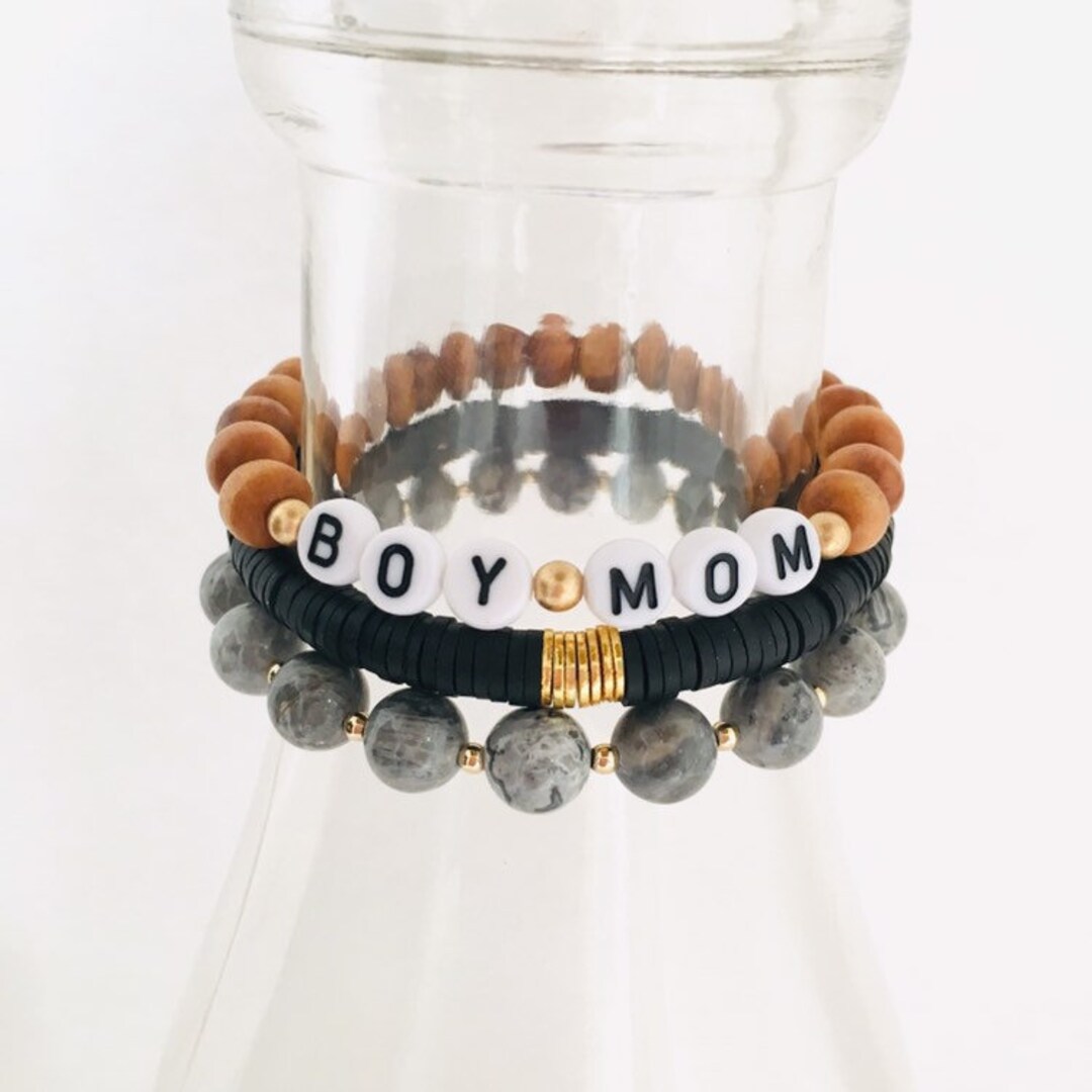 Boy Mom Bracelet Stack, Custom Word Bracelet, Set of 3 Bracelets, Mama
