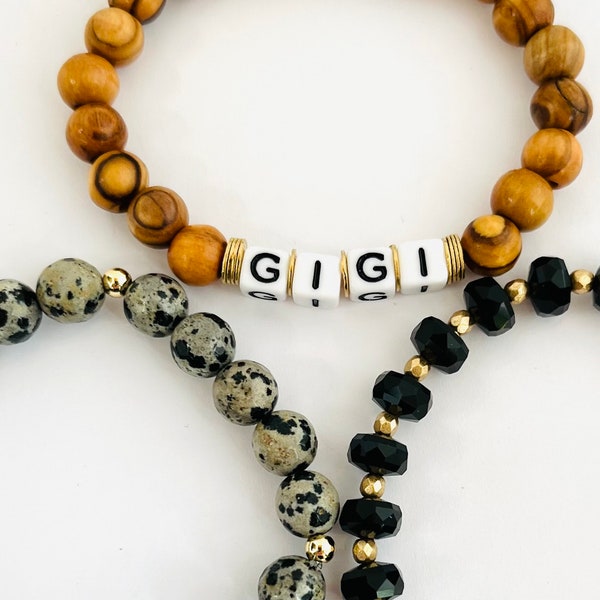 GiGi Bracelet Stack, Custom Word Bracelet, Set of 3 Stretch Bracelets, Personalized Bracelet, Gift For Gigi, Dalmatian Jasper Bracelet