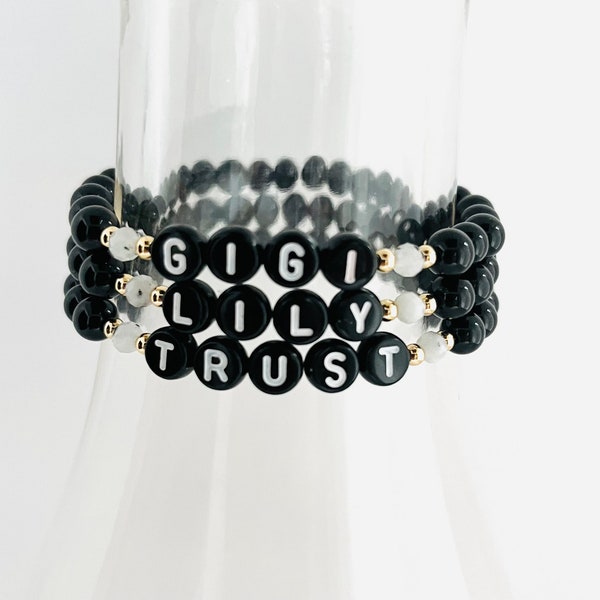 Black Onyx Personalized Bracelet, Custom Word Bracelet, Name Bracelet, Christmas Gift for Women, Black Beaded Bracelet, Stretch Bracelet