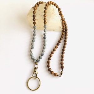 Gray Jasper Beaded Lanyard, Teacher Lanyard, Gift For Teacher, Badge Holder, Boho Lanyard, Beaded Lanyard, Healthcare Worker Lanyard