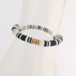 Black And White Vinyl Heishi Beaded Bracelet, Stretch Bracelet, Boho Bracelet, African Vinyl Bracelet, Heishi Rondelle Bracelet