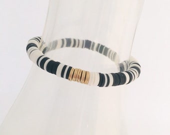 Black And White Vinyl Heishi Beaded Bracelet, Stretch Bracelet, Boho Bracelet, African Vinyl Bracelet, Heishi Rondelle Bracelet