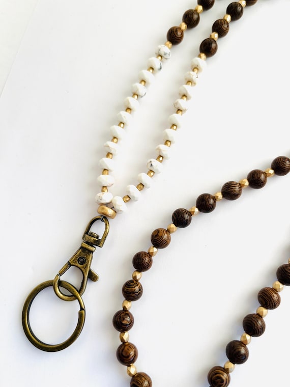 White Stone and Wood Bead Lanyard, Teacher Lanyard, Lightweight