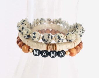 Mama Bracelet Stack, Custom Word Bracelet, Stretch Bracelets. Mom Gift, Dalmatian Jasper Bracelet, Personalized Bracelet