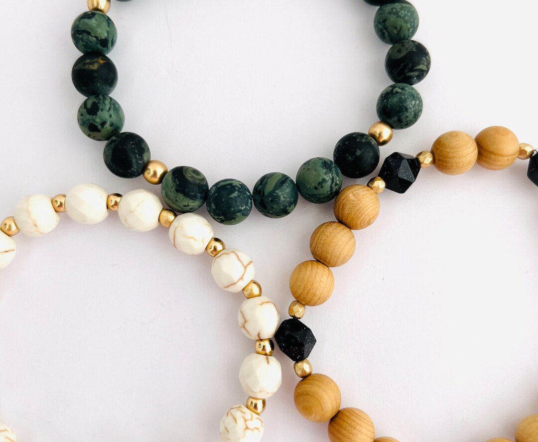 Navy Blue and Green Bracelet Stack, Set of 3 Stretch Bracelets, Boho