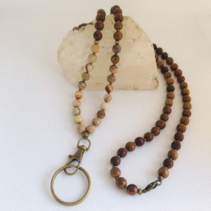 Teacher Lanyard, Picture Jasper & Wood Beaded Lanyard, Boho Lanyard, Teacher Gift, Gift Under 30