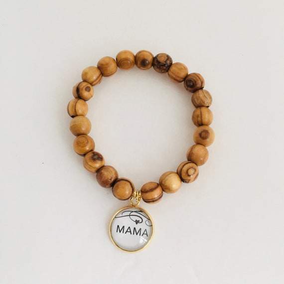 Mama Charm Olive Wood Bracelet, Mom Gift, Stretch Bracelet