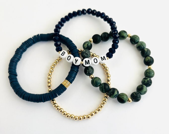 Boy Mom Bracelet Stack, Personalized Bracelet, Set of 4 Stretch