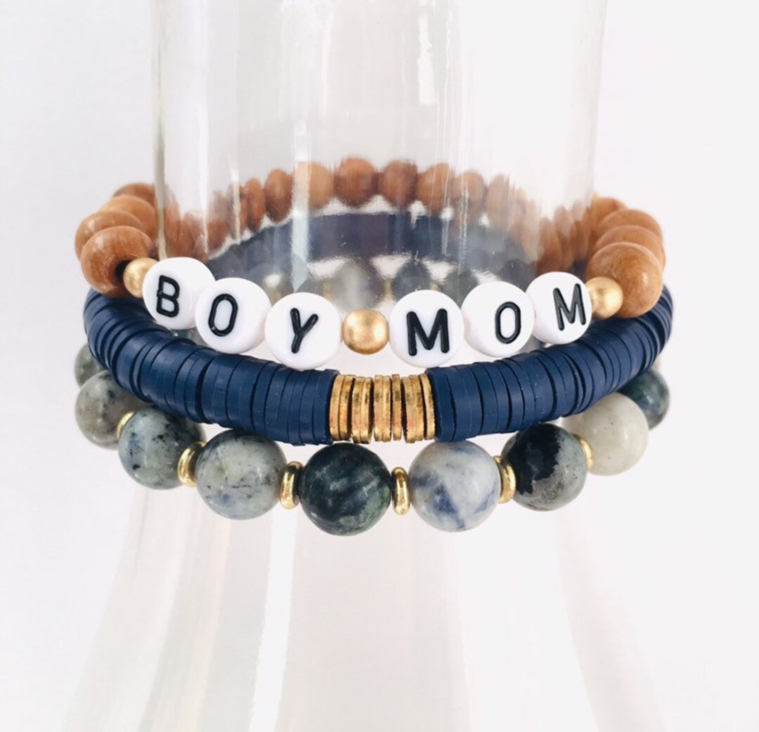 Boy Mom Bracelet Stack, Set of 3 Bracelets, Custom Word Bracelet