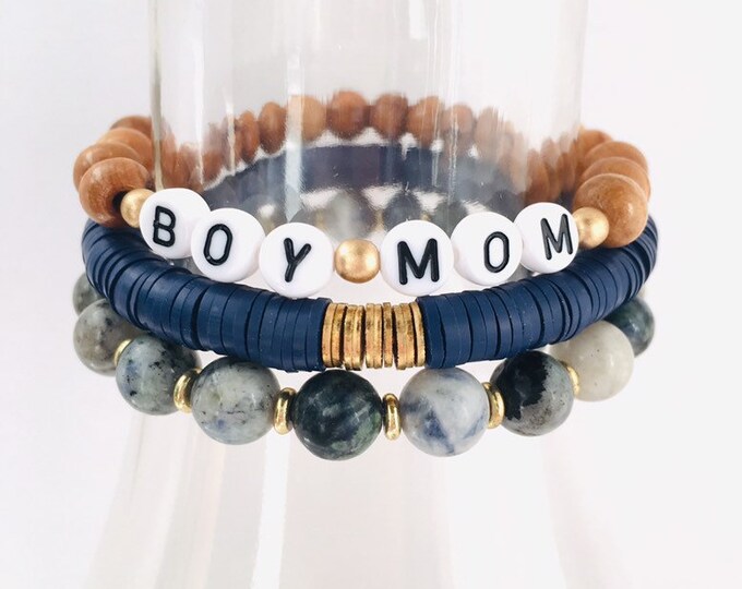 Boy Mom Bracelet Stack Set of 3 Bracelets Custom Word Etsy