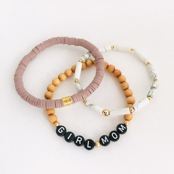 Girl Mom Bracelet Stack Custom Word Bracelet Set of 3 Bracelets