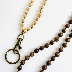 Beige Crystal And Wood Bead Lanyard, Teacher Lanyard, Boho Lanyard, Lightweight Lanyard, Teacher Gift, ID Badge Holder, Gift For Her