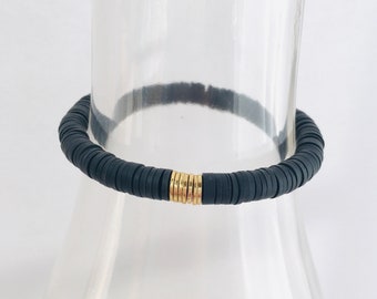 Black Vinyl Disc Bracelet,  Vinyl Heishi Bead Bracelet,  Boho Bracelet,  Stretch Bracelet, Stackable Bracelet, Jewelry Gift
