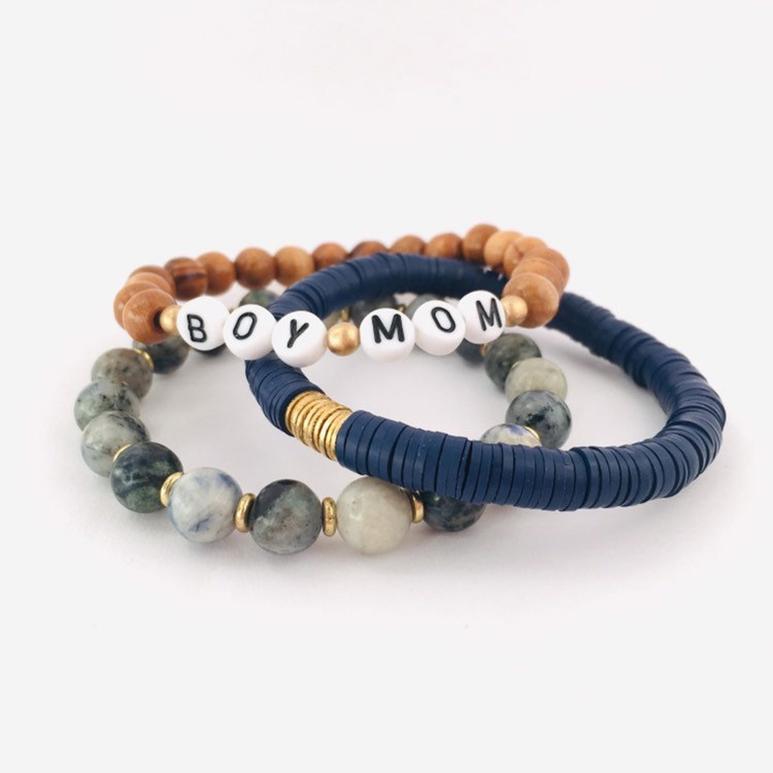 Boy Mom Bracelet Stack Set of 3 Bracelets Custom Word Etsy