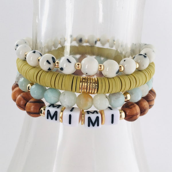 Mimi Bracelet Stack, Custom Word Bracelet, Set of 4 Bracelets, Gift For Mimi, Grandma Gift, Stretch Bracelets, Boho Bracelets, Amazonite