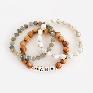 Mama Bracelet Stack, Custom Word Stretch Bracelet, Mama Gift, Labradorite Bracelet, Set of 3 Bracelets, Mother's Day Gift, Name Bracelet