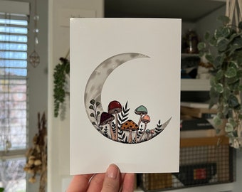 Moon & Mushroom Art Print / Glossy Art Print / 5x7