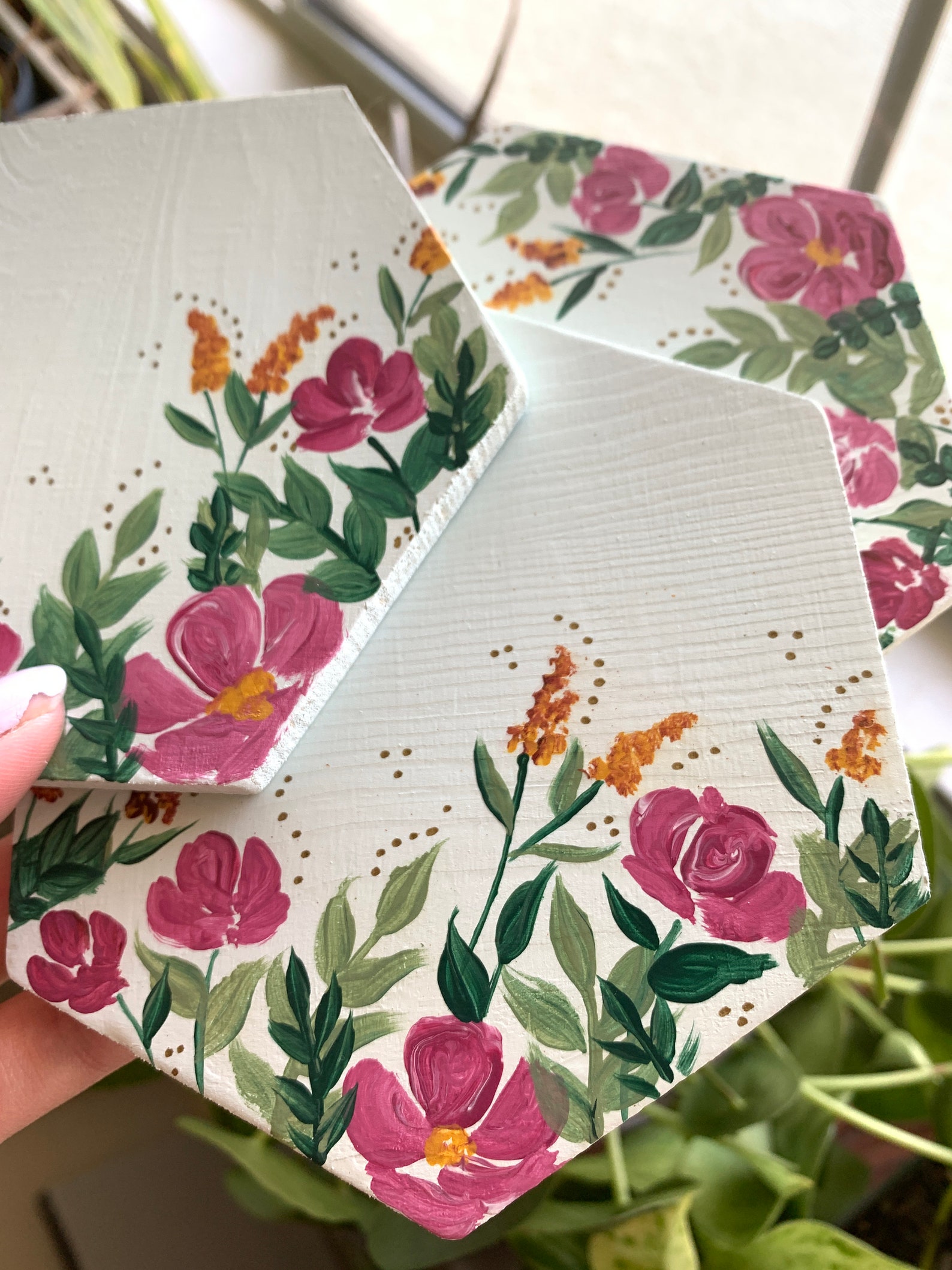 Hand Painted Floral Wooden Coasters SET OF 2 Etsy