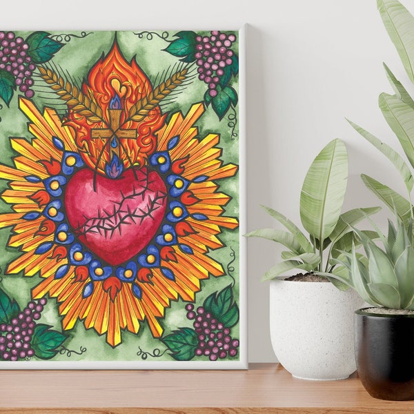 Sacred Heart Jesus Original Art Print of Christ's Heart for Catholic Christian Home Décor, Housewarming Baptism First Communion Confirmation