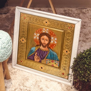 Jesus Christ Pantocrator Icon Style Original Art Print Christian Catholic Wall Decor for Godson Godfather Confirmation Father&#39;s Day Gift