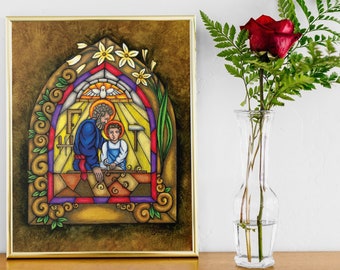 Saint Joseph the Worker with Child Jesus Original Art Print Christian Catholic Wall Decor, Baptism First Communion Confirmation Father's Day