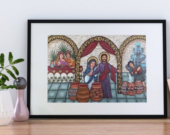 Wedding at Cana Original Art Print, Christ's Miracle of the Wine, for Catholic Christian Home Decor Anniversary Housewarming Marriage Gift