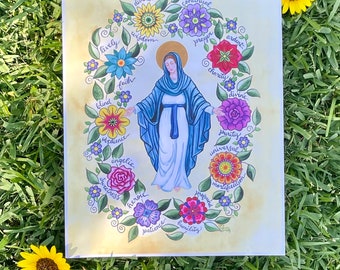 Our Lady Blessed Virgin Mary de Montfort Virtues Original Art Print, Christian Catholic Wall Decor, Goddaughter Communion Confirmation Gift