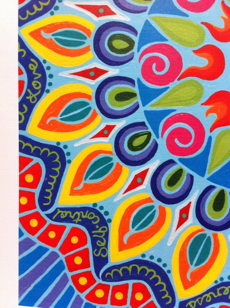 May include: A colorful mandala painting with a blue background. The mandala features a variety of shapes and patterns, including circles, triangles, and leaves. The painting is decorated with the words "Self Control" and "You Love".
