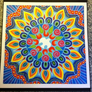 May include: A colorful mandala with a white dove in the center. The mandala is surrounded by a ring of words, including "love", "joy", "peace", "patience", "kindness", "goodness", "faithfulness", "gentleness", and "self-control".