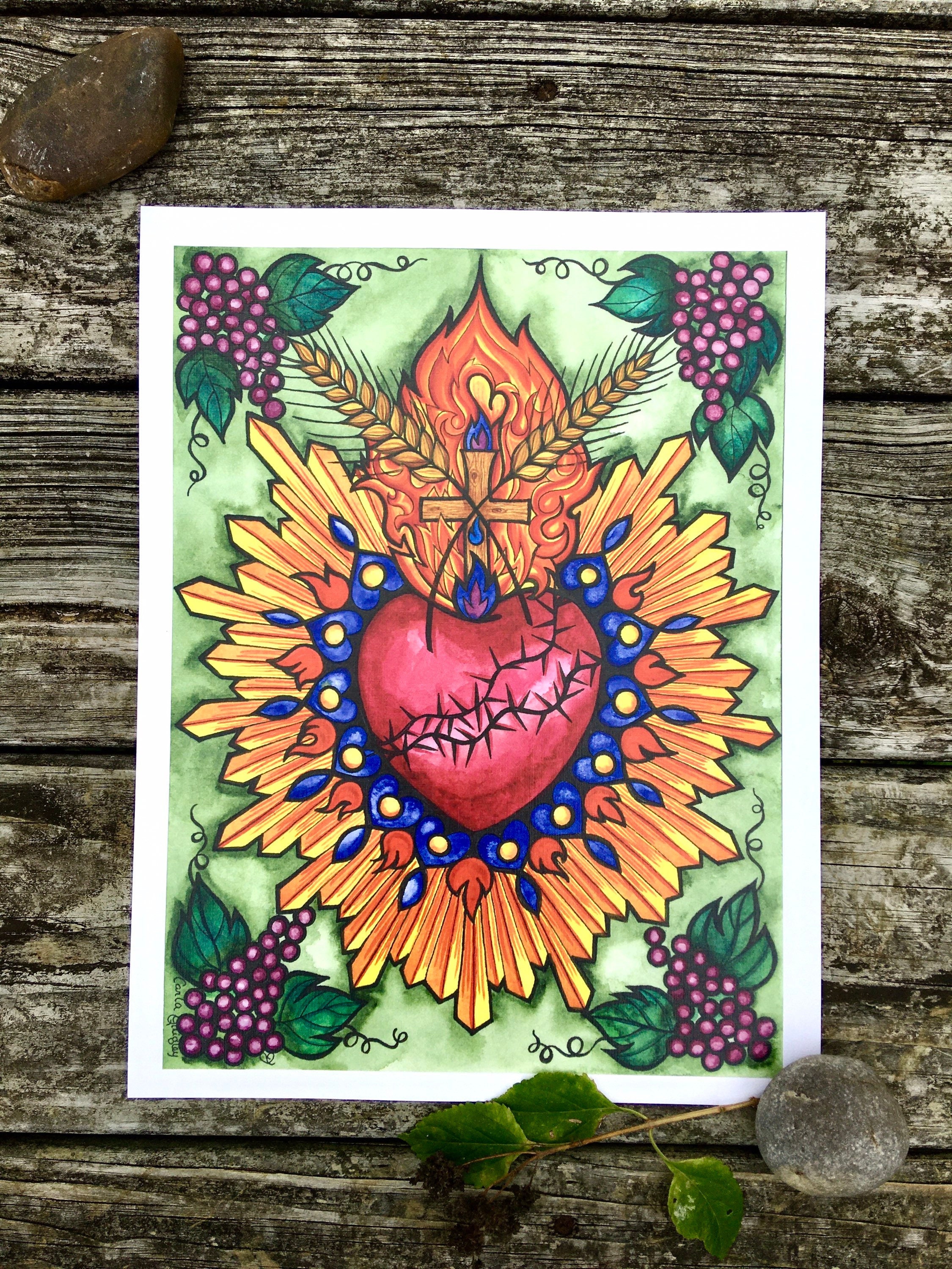 Sacred Heart Jesus Original Art Print of Christ's Heart for Catholic ...