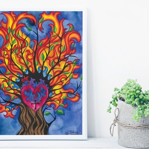Jesus&#39; Sacred Heart, Holy Spirit, Burning Bush Original Art Print Christian Catholic Wall Décor Baptism First Communion Confirmation Wedding