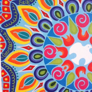 May include: A colorful mandala design with a white dove in the center. The mandala features a variety of colors, including red, orange, yellow, green, blue, and purple. The words "Self-control", "Gentleness", "Faithfulness", and "Love" are written around the mandala.