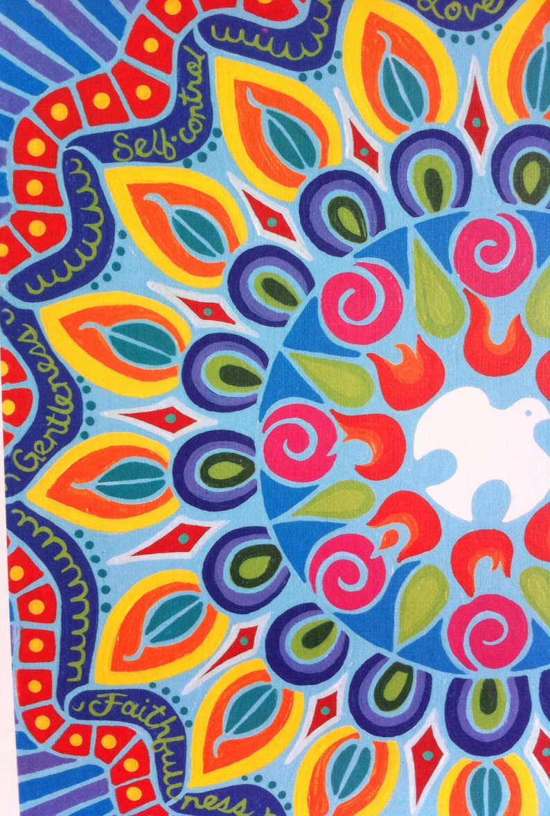 May include: A colorful mandala design with a white dove in the center. The mandala features a variety of colors, including red, orange, yellow, green, blue, and purple. The words "Self-control", "Gentleness", "Faithfulness", and "Love" are written around the mandala.
